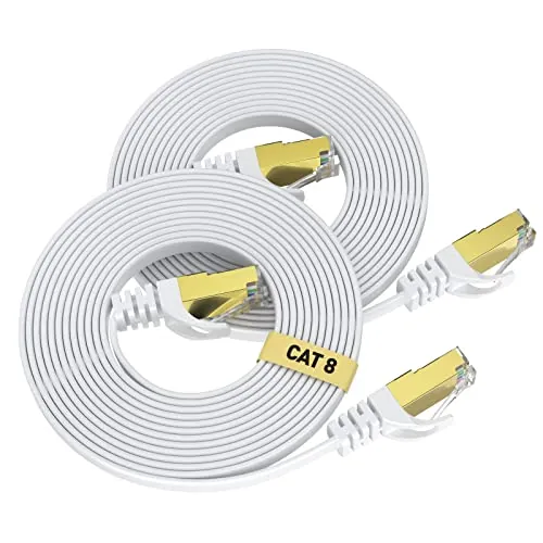 VOIETOLT Cable Ethernet Cat8 con Clips, 40Gbps/2000Mhz Cat-8 Cable de Red Internet Plano STP RJ45 Gigabit LAN de Alta Velocidad - Blanco (Blanco, 1Metro 2 Piezas)