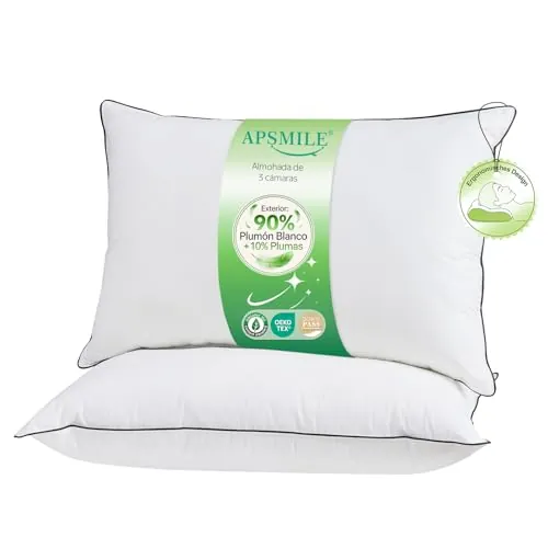 APSMILE - Almohada Plumas de Ganso 50x75 | Exterior: 90% Blanco Plumón | Interior: Mezcla de Plumas | Funda de Pillows: 100% Algodón Orgánico | Máximo Confort y Suaves| Pack de 2 Unidades