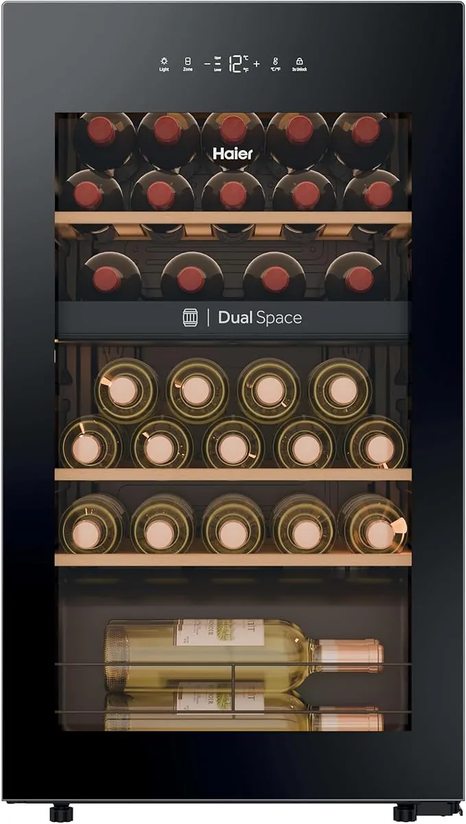 Haier Wine Bank 50 Series 5 HWS32GDG Vinoteca de 32 botellas, 2 Zonas independientes, Estantes de madera, Filtro Anti-UV, Sistema Antivibración, Display Digital, Iluminación LED, 37 dbA, Negra