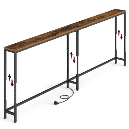 VASAGLE Mesa de Consola con Regleta, 200 x 15 x (64-89,4) cm | Mesa Auxiliar, Montaje Fácil, para Entrada, Salón, Marrón Rústico y Negro Mate, Colección BARNET LNT187K102