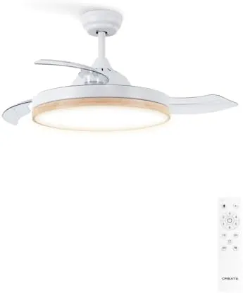 CREATE / WIND CLEAR M/Ventilador de techo con luz madera clara con mando / 40W, Ø108 cm, temporizador, 6 velocidades, aspas retráctiles, 3 temperaturas de luz, función verano-invierno