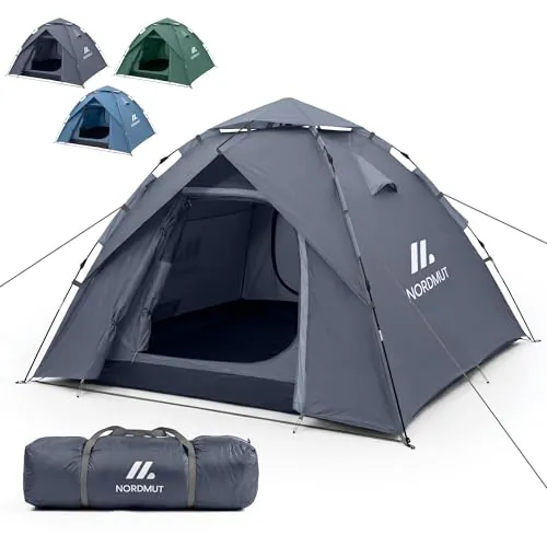 NORDMUT® Tienda Pop-Up 2-4 Personas – Montaje Rápido, Impermeable & Protección UV – Tienda de Camping con Excelente Circulación de Aire (Gris)