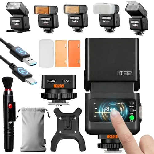 Godox iT32 TTL Flash con Disparador X5S para cámaras Sony, 2.4GHz HSS 1/8000s Flash inalámbrico TTL, con Pantalla táctil, luz LED, batería integrada y Control Remoto Compatible con Sistema Godox X