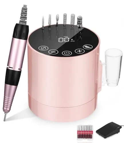 Torno para Uñas 35000 RPM, Lima de Uñas Profesionales, Set de Manicura y Pedicura con Pedal y 6 Brocas, Torno Uñas, Lima Electrica Uñas, Rosa
