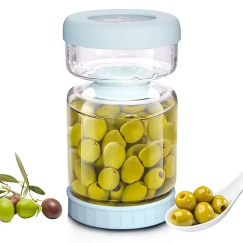 WhiteRhino Tarro de Vidrio Reversible para Encurtidos con Colador, 1L Recipiente de Reloj de Arena de Oliva, Soporte de Almacenaje de Pepinillos Boca Abajo, Tapa Hermética a Prueba de Fugas(Azul 1L)