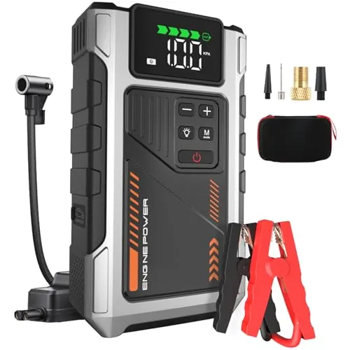 Eigotrav Arrancador de Baterias de Coche con Compresor de 150 PSI, 6000A Arrancador de Coche(para 9.0L Gasolina o 7.5L Diesel), Booster Bateria 12V con Pantalla LCD, Linterna LED