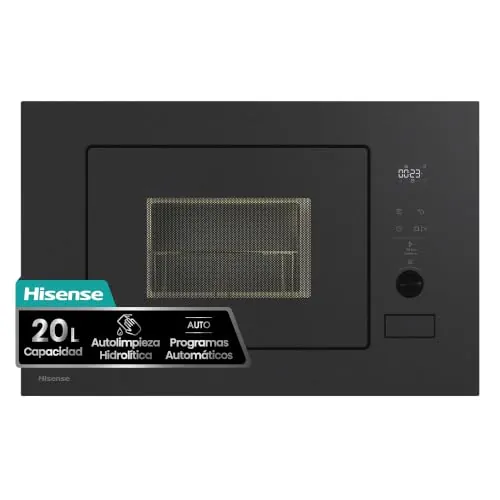 Hisense BIM320G52MG - Microondas integrable, 20L, Fondo 35cm, Autolimpieza Hidrolítica, Programas Automáticos, Cocción Multietapa, Descongelado por Tiempo y Peso, Cristal Negro Mate
