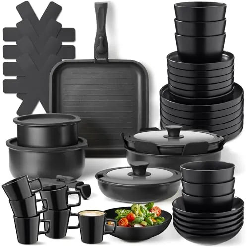 tectake® Juego de Vajilla para Cocina, Vajilla Ceramica para 6 personas, Apto Microondas y Lavavajillas, Juego de Ollas y Sartenes Antiadherentes, Apto Inducción - 30 Piezas Negro