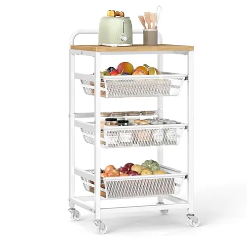 VASAGLE Carrito de Almacenaje de 4 Niveles, con Cestas Extraíbles, Estante de Cocina con Ruedas y Asa, 31,7 x 40 x 76 cm, Roble Dorado y Blanco Mate LRC040Y01