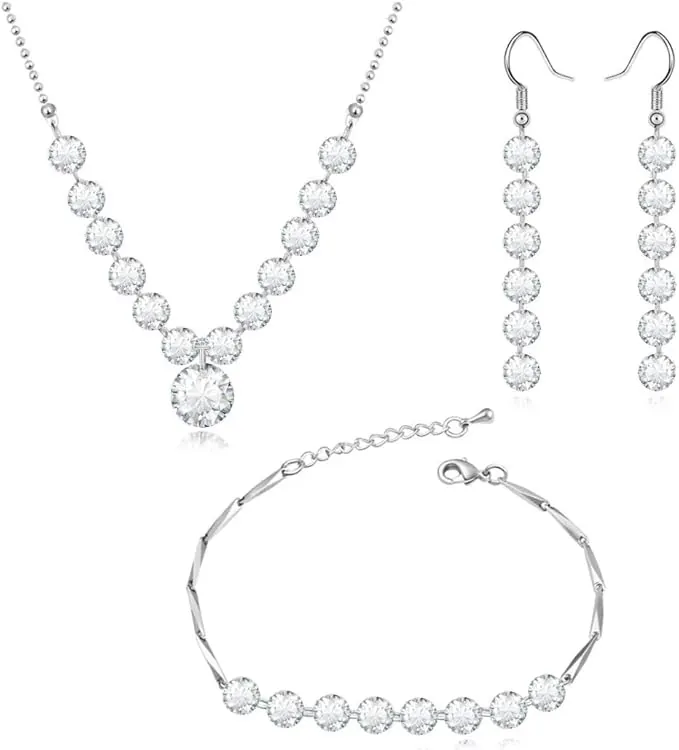 Crystalline Azuria Mujer 18ct Chapado en Oro Blanco Boda Juego de joyas Blanco Cristales de Zirconia Collar de hilo Pendientes Pulsera para Mujer y Niña