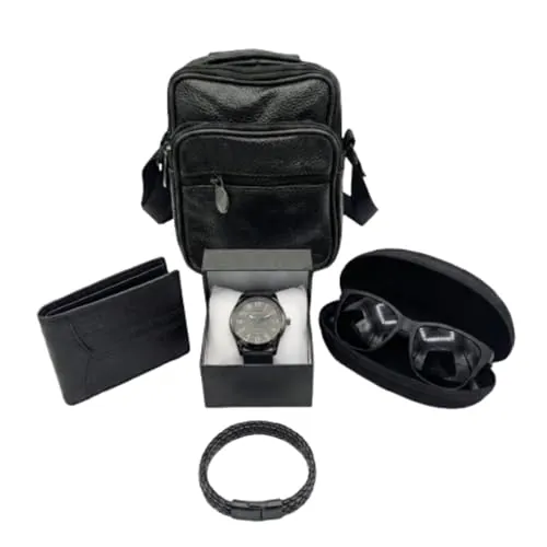 Aqua Gift Caja De Regalo con Set De Cartera Monedero, Pulsera, Bandolera, Reloj y Gafas De Sol con Estuche Rigido Conjunto De Vestir Elegante para Hombre