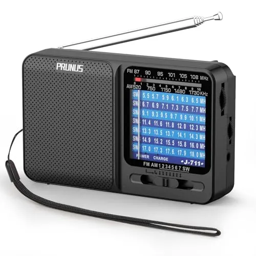 PRUNUS J-711 Am/SW/FM Radio Portatil Pequeña Recargable, Transistor Radio Pilas AA y Carga USB-C, Excelente Recepción, con Toma de Auriculares, Radios Bolsillo con Cordón para Caminar, Viajar.(Negro)