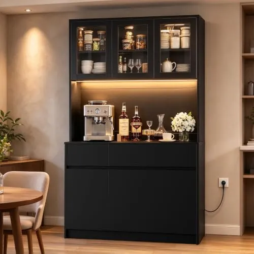 Wumagin Alacena de Cocina, Armario Despensa Cocina con regleta y Tira de Luces LED, Aparador Comedor con Estantes Regulables (Negro)