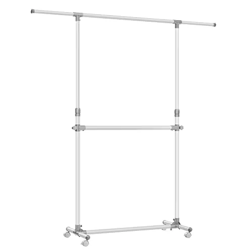 SONGMICS Burro de Ropa con Doble Barra, Perchero con Ruedas Extensible, Altura Ajustable 113-180 cm, Barra Central Ajustable, Blanco LLR401W01