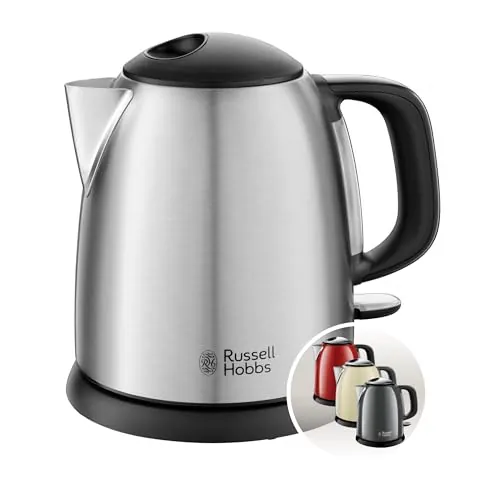 Russell Hobbs Hervidor de Agua Eléctrico Adventure - 1 litro, Pequeño, 2400 W, Filtro Extraíble, Zona de Ebullición Rápida, Base de 360°, Indicador del Nivel de Agua, Inox., Plata - 24991-70