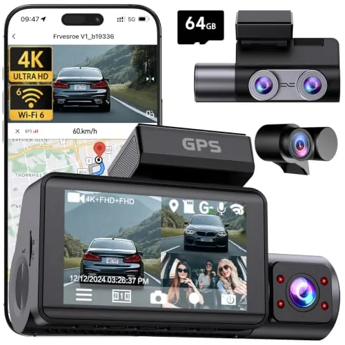 Frvesroe Dashcam Cámara Coche 4K 3 Canales, WiFi 6, 3'' IPS Dash CAM Coche