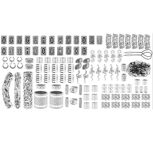 44Pcs Rastas Joyas Vikingas Cuentas Trenzadas de Pelo, Cuentas de Barba Vikinga Cuentas de Tubo de Pelo Nórdicas, Cuentas de Metal con Rastas con Pinzas de Pelo de Tirar y Bandas de Goma