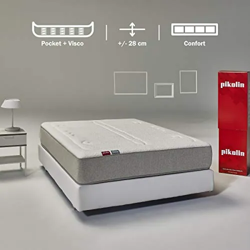 PIKOLIN Veza | 135x190 | Colchón de Muelles Ensacados y Viscoelástica Premium | Altura 28cm | Firmeza Media-Alta | Confort Visco | Calidad Óptima | Protección Higiénica Total