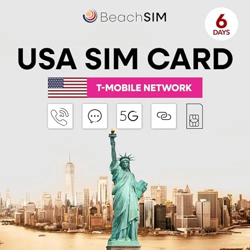 BeachSIM Tarjeta SIM USA por 6 días. Datos 5G ilimitados, Llamadas y SMS.Red T-Mobile. Compatible con iOS y Android.