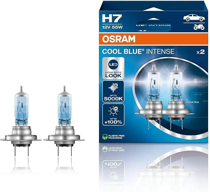 OSRAM COOL BLUE INTENSE H7, +100% más de brillo, hasta 5.000K, lámpara de faro halógena, aspecto LED, caja plegable colgante (2 lámparas)