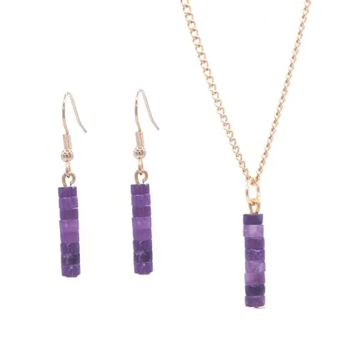 ZARZAMORA -Conjunto Pendientes y Colgante con Piedras Naturales- Pendientes Largos con Gemas Semipreciosas en Forma de Disco- Acero inoxidable -Regalo Original (Amatista)