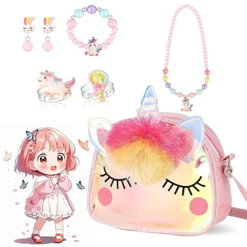 Unicornio bolso para niña, Bandolera de Felpa para Niñas Pequeñas, Conjunto de Bolsos y Joyería, Juguetes para Cumpleaños y Fiestas 2-6 Años
