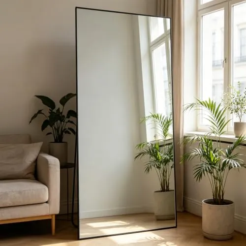 NEUWEABY Espejo de Cuerpo Entero 180x80cm Espejo de Pie Negro Espejo Grande con Soporte Rectangular Colgado de pie o apoyado contra la Pared para Dormitorio