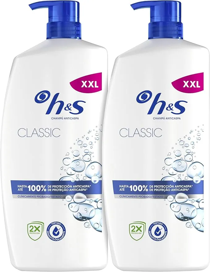 H&S Classic Champú Anticaspa 2x1000ml con Dispensador, para Uso Diario. Hasta 100% de Protección Anticaspa, Clínicamente Probado. Para Todo Tipo de Pelo y Cuero Cabelludo. Sensación de Frescor
