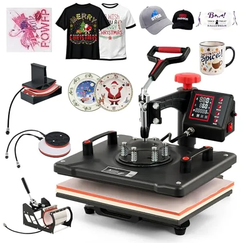 CREWORKS Prensa de Calor 38x30 cm, Maquina de Sublimacion 5 en 1 con Panel de Control Digital, Prensa de Calor Multifuncional con Giro de 360° para Camisetas, Tazas, Gorras, Platos y Más