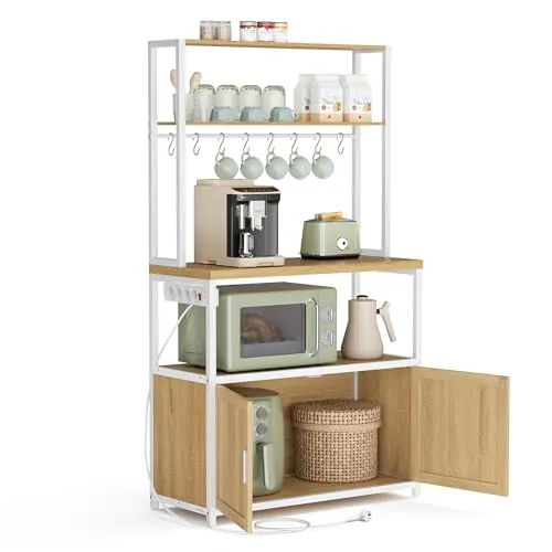 VASAGLE Estantería de Cocina con Enchufes, Altura de 90 cm, Estantería para Microondas con 8 Ganchos, 40 x 80 x 170 cm, Roble Dorado y Blanco Nube KKS059YA02