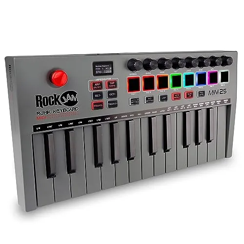 RockJam Go - Controlador de teclado MIDI USB y Bluetooth de 25 teclas con 8 almohadillas de batería retroiluminadas, 8 perillas