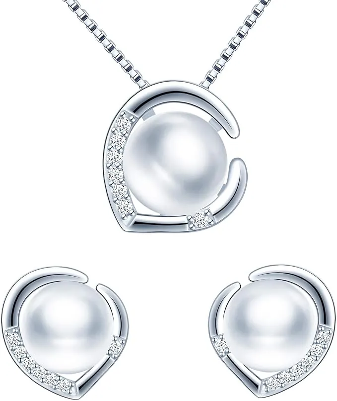 Yumilok Collar de Perlas y Pendientes de Corazón, Plata 925, Mujer, Niña, Pendientes de Perlas circonita con Incrustaciones