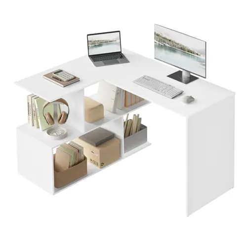WOLTU Escritorio en Forma L, Mesa Esquinera Escritorio, Blanco | Con Estantes Abiertos, 120x100x75 cm, para Estudio, Oficina en Casa, Gaming y Trabajo