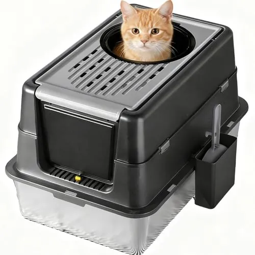 Garvee Arenero Gato Acero Inoxidable - Tamaño Grande, Caja De Arena Cerrada con Tapa Plegable De Doble Entrada - Resistente, Sin Olores y Fácil De Limpiar - Ideal para Gatitos y Gatos Adultos