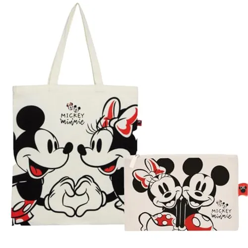 Superdiver Set Bolsa Shopping y Neceser Mickey y Minnie - Licencia Oficial Disney - Algodón y Poliéster - Ideal para Uso Diario o Regalo - Bolsa 37x41 cm y Neceser 22,5x16 cm