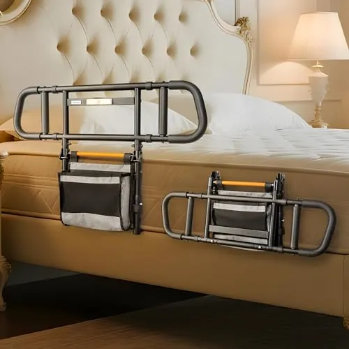 NIMOOD Barandilla de Cama para Adultos con Asa Ampliada, Altura y Anchura Ajustables, Diseño Plegable con Luz LED y Bolsa de Almacenamiento
