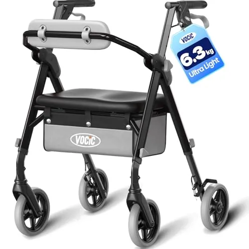 VOCIC Andador plegable ligero con asiento, 6,3kg Ultraligero, Max 150 kg | andador para ancianos con ruedas, asiento ergonómico, altura regulable, Walker estrecho para apartamento & viajes, negro
