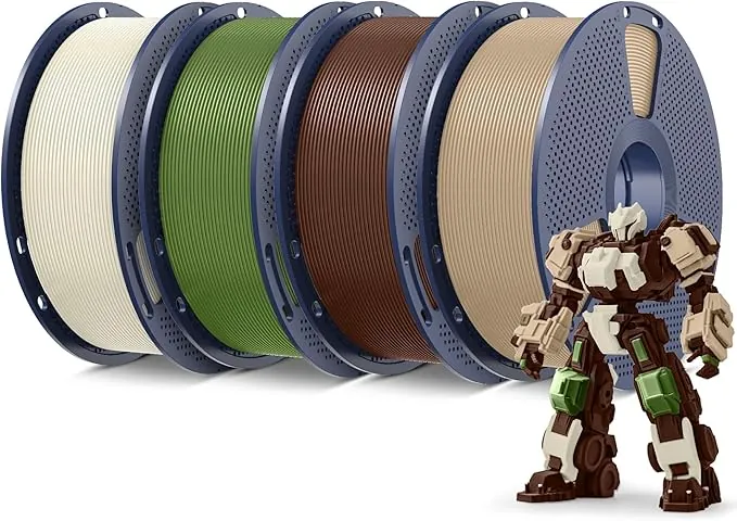 SUNLU SUNLU - Filamento PLA para impresora 3D, 4 kg, 1.75 mm, filamento PLA+ enrollado perfectamente de 1.75 mm, carrete de 1 kg, 4 paquetes, blanco hueso, roble, marrón café y verde oliva