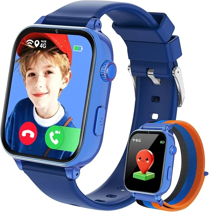 Reloj GPS Niños Localizador y Llamadas, 4G Smartwatch Niños Niña con Telefono Chat de Voz Videollamada Modo Clase Cámara Podómetro, Reloj Inteligente para 4 a 12 Años Regalos Comunion Navidad, Azul