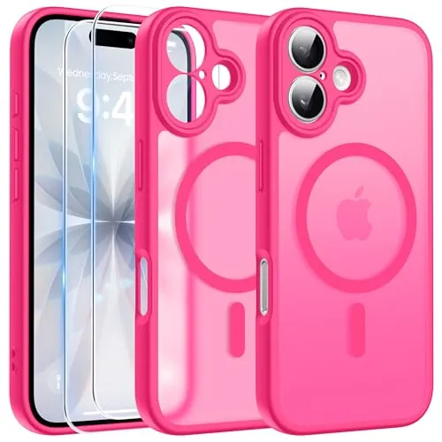 FLLAO Funda para iPhone 17, Compatible MagSafe, con 2 Piezas Protector de Pantalla Cristal Templado, [Protección de Cámara] Magnética Carcasa Translúcida Mate Trasera Fina Antigolpes, Rosa Vivo