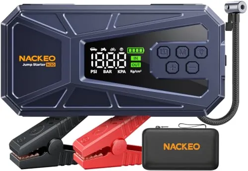 NACKEO Arrancador de Baterías de Coche 8000A con Compresor 160 PSI, 12V Arrancador de Coches Portátil (Todo Gasolina o 12L Diésel), Arrancador de Coche con Linterna LED, Pantalla LCD y Carga Rápida