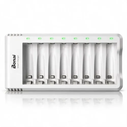 BONAI Cargador de Pilas Recargables AA AAA Inteligente Ni-MH Pilas Recargables Carga Rápida con 8 Ranuras Independientes, Puerto USB