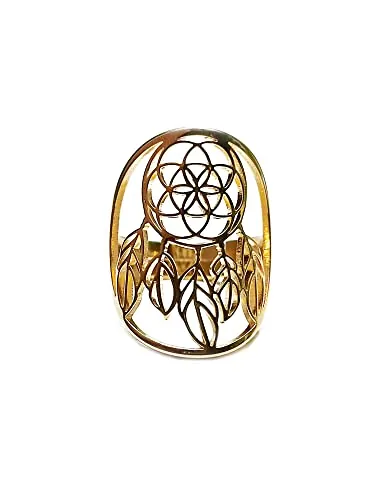 Simboliks Anillo Atrapasueños Amuleto, Talismán, Sueño, Boho chic Semilla de la Vida ajustable acero inoxidable, Geometría Sagrada. Anillo de protección, Mantras Mandala Meditación, Regalo mujer yoga