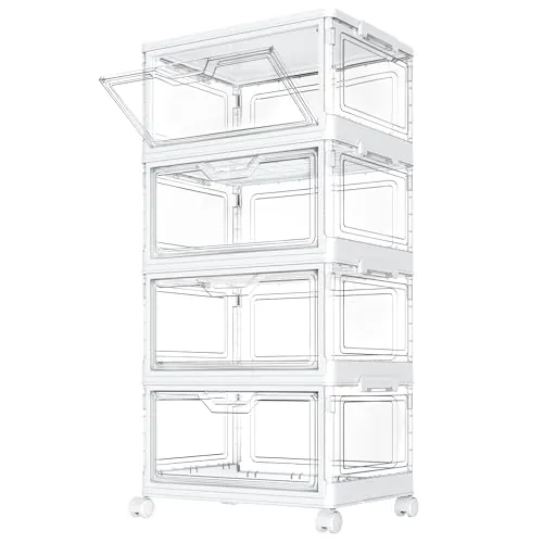 StowBin Cajas de almacenamiento con tapa – Cajas apilables de plástico de 4 niveles, 23 L, transparentes, grandes contenedores organizadores para dormitorio, salón, baño, 4 capas y 1 tapa