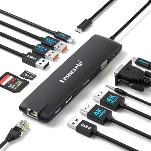 Mejora 2025 Lemorele Docking Station USB C 3*Display-13 en 1,2 HDMI 4K, Ethernet,4USB 3.2/2.0, VGA,3.2USB-C 10Gbps, PD 100W, Audio, SD/TF, Hub USB C/Docking Station for MacBook/DELL/Windows/HP/Surface