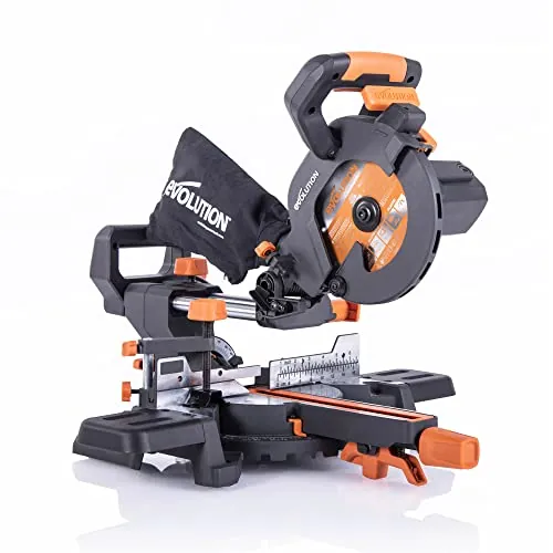 Evolution Sierra ingletadora deslizante de 185 mm (R185SMS+) de Evolution con corte multimaterial; bisel de 45°, inglete de 50°; guía láser. Incluye hoja multiusos