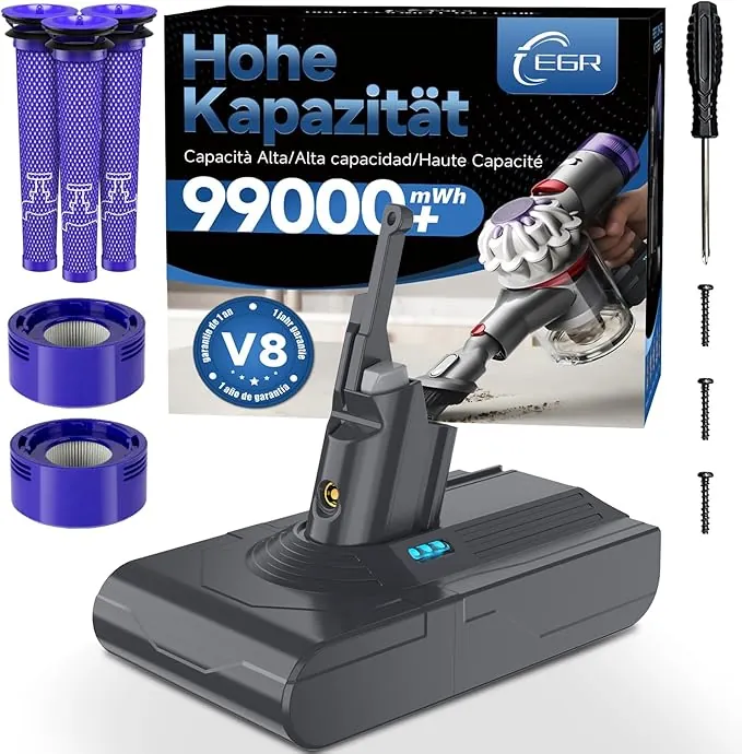 EGR Mejorada V8 Batería para Dyson V8 Absolute/Animal/Motorhead/Fluffy SV10 Carbon Fiber Aspiradora Batería de Repuesto con 5 Filtros y 3 Tornillos