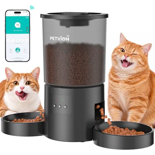 PETVION 4L Automatic Cat Feeder Doble para Gatos Negro | WiFi, Control por App Dispensador Comida Gatos Mensaje de voz de 10 s, hasta 10 Comidas al día y 12 Porciones por Comida