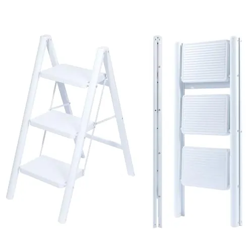 UZIRO Escalera Plegable 3 Peldaños, Escaleras Decorativa, Peldaños Anchos Antideslizantes, Ideal para Uso en Hogar, Cocina y Oficina, Fácil de Guardar y Transportar, Resistente (Blanco, 3 Peldaños)