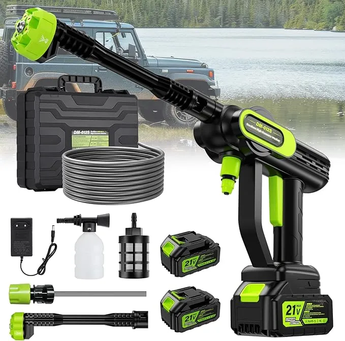 Hidrolimpiadora a Bateria de Alta Presión con Boquilla 6 en 1, 2 Baterías 4000mAh, 14 mm Salida de Agua 100 Bar, 5M Tubo y Caja de Almacenamiento para Limpiar Coche, Terraza, Jardín Limpieza y Riego